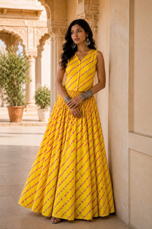 Yellow pink Leheriya Cotton Co-Ord Set | Handcrafted Skirt & Vest Set