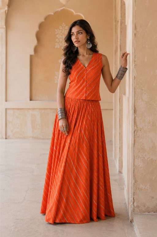Tangerine Orange Cotton Co-Ord Set | Handcrafted Skirt & Vest Set