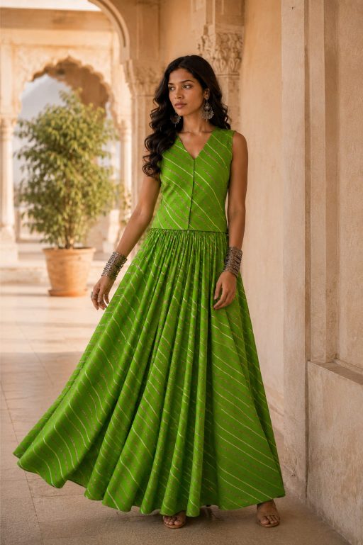 Green Leheriya Cotton Co-Ord Set | Handcrafted Skirt & Vest Set