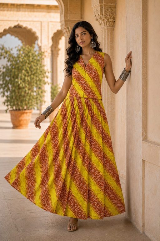 Yellow red Leheriya Cotton Co-Ord Set | Handcrafted Skirt & Vest Set