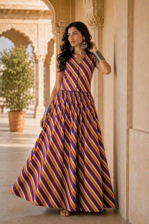 Purple Orange Leheriya Cotton Co-Ord Set