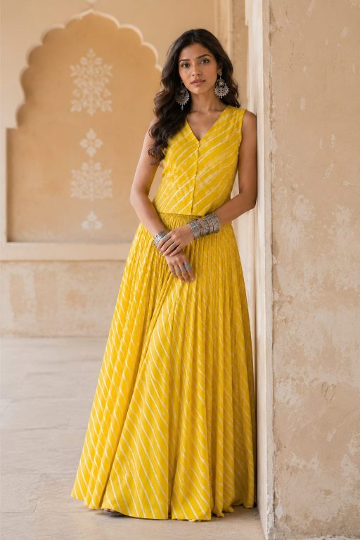 Yellow Leheriya Cotton Co-Ord Set | Handcrafted Skirt & Vest Set