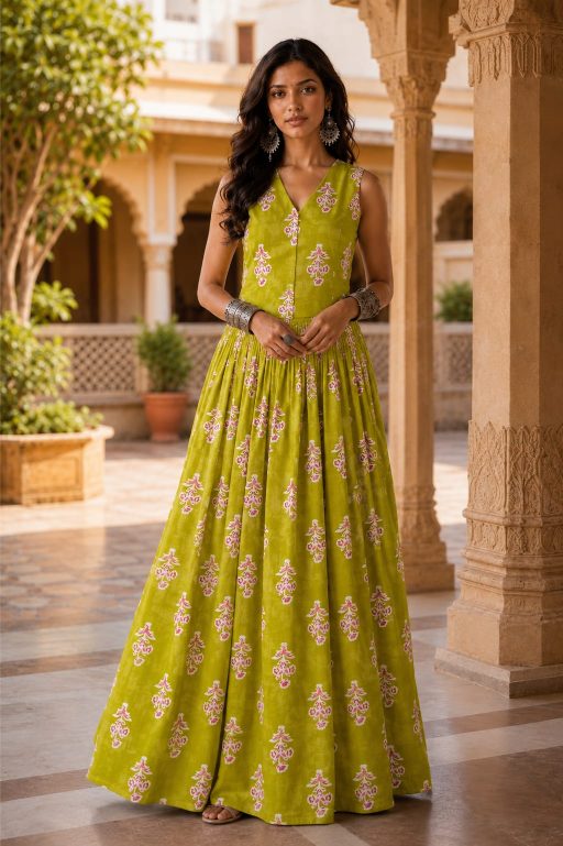 Olive Leheriya Cotton Co-Ord Set | Handcrafted Skirt & Vest Set