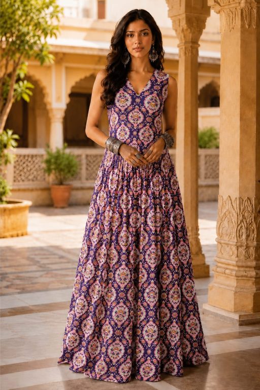 Royal purple floral Cotton Co-Ord Set | Handcrafted Skirt & Vest Set