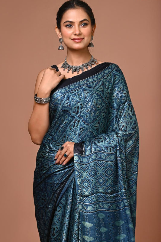 Indigo Natural Eco block Print Vegan Silk saree