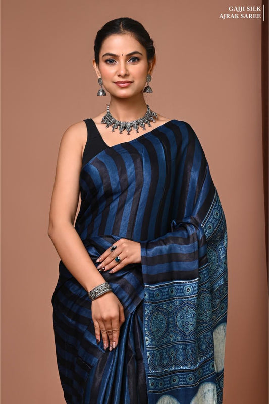 Eco block Print Stripes Vegan Silk saree
