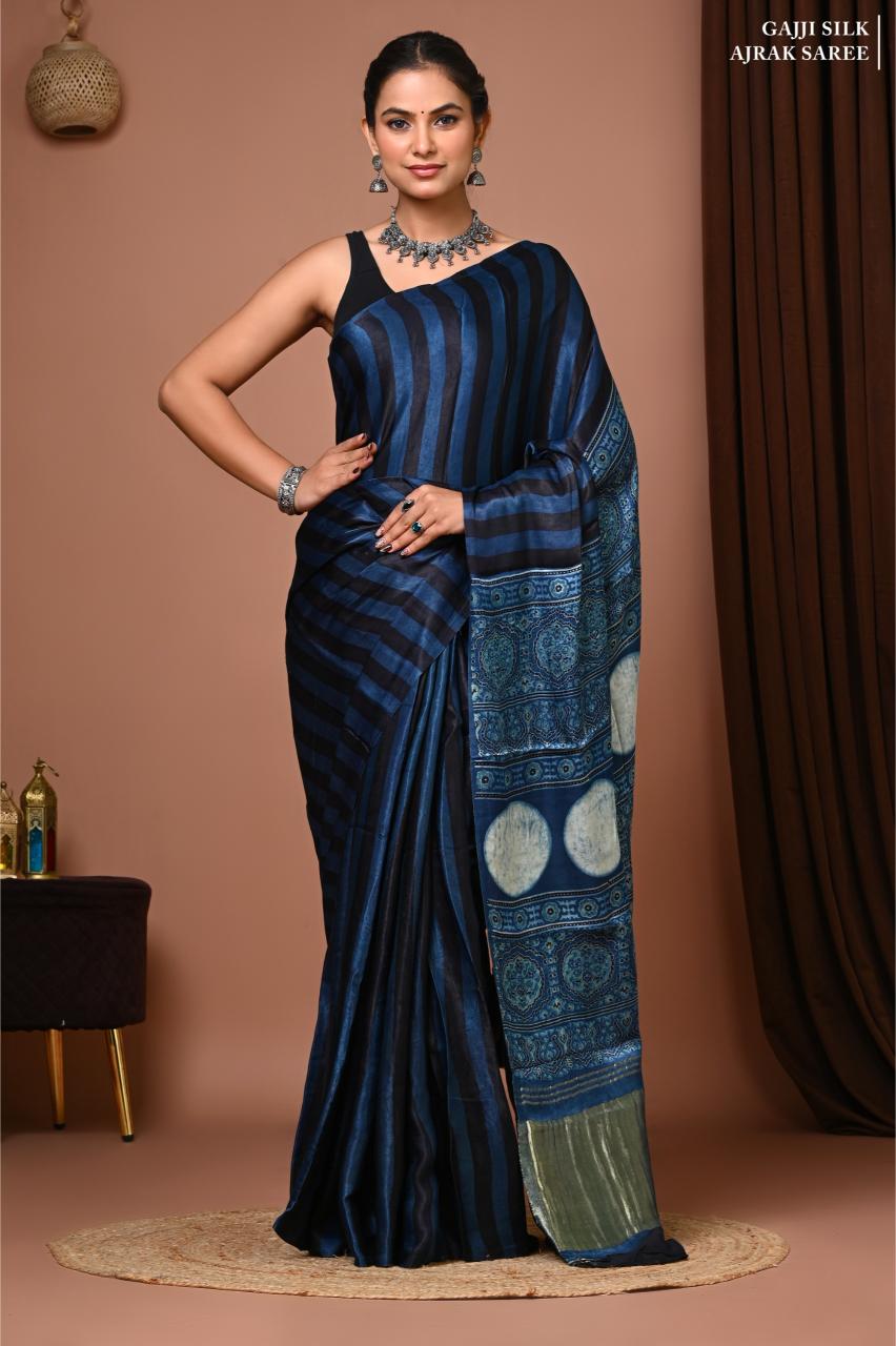 Eco block Print Stripes Vegan Silk saree