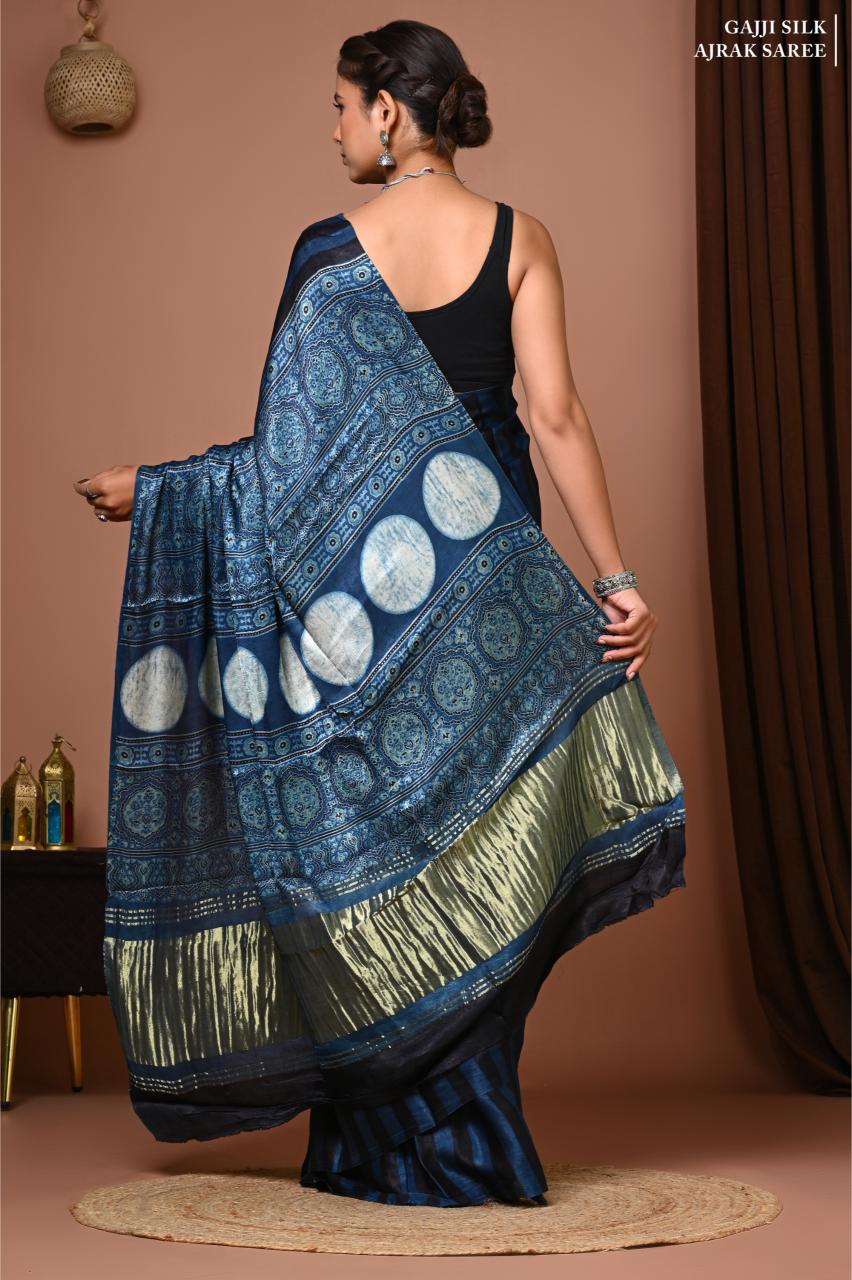 Eco block Print Stripes Vegan Silk saree