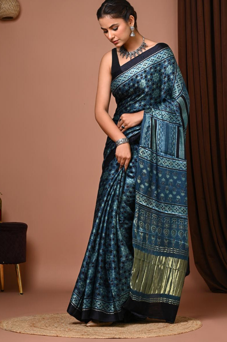 Indigo Natural Eco Hexagon Print Vegan Silk saree