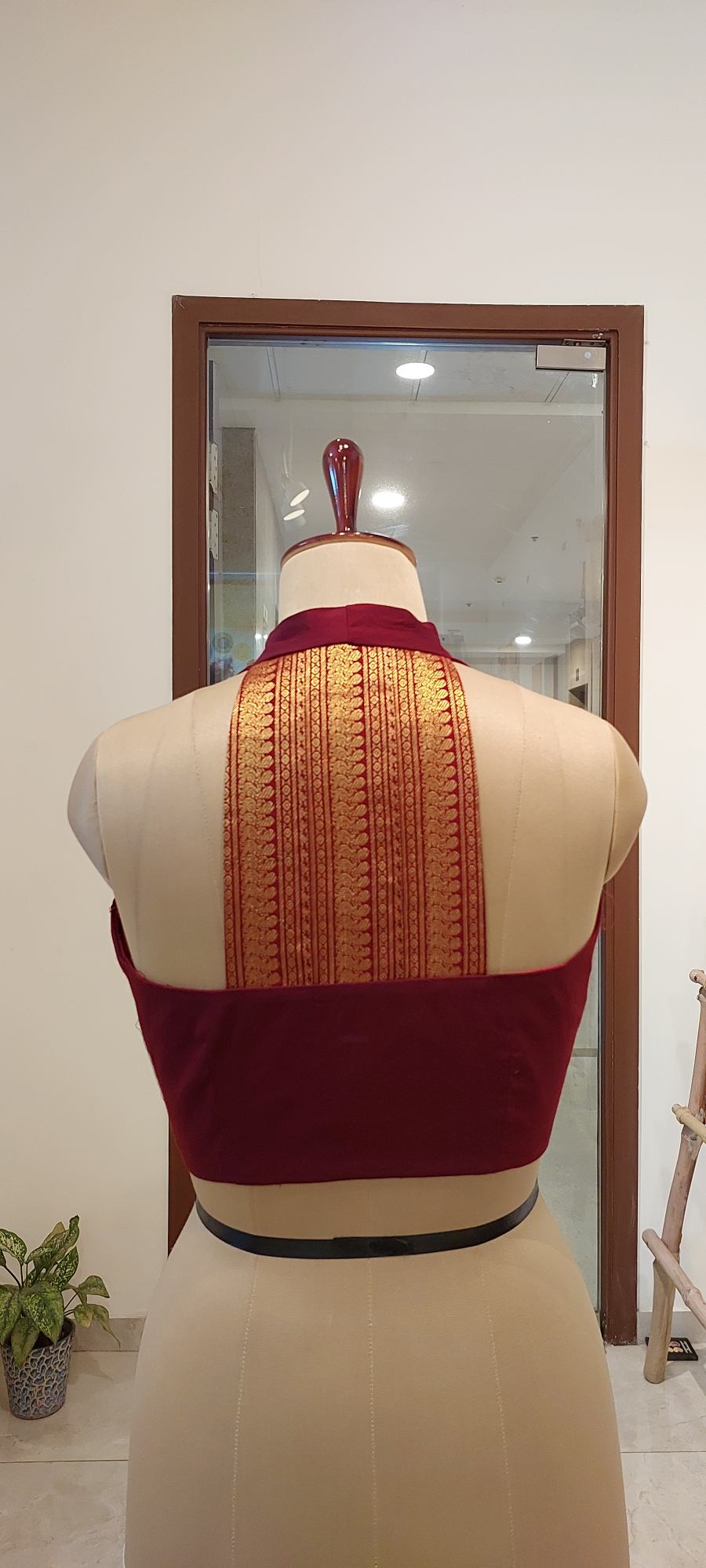 Maroon Cotton Halter Racerback Saree Blouse with Gold Zari Brocade Accent