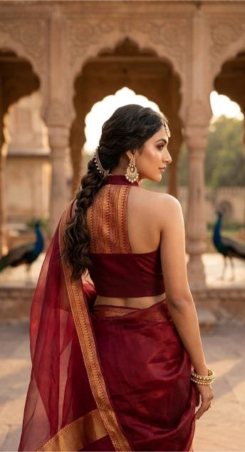 Maroon Cotton Halter Racerback Saree Blouse with Gold Zari Brocade Accent