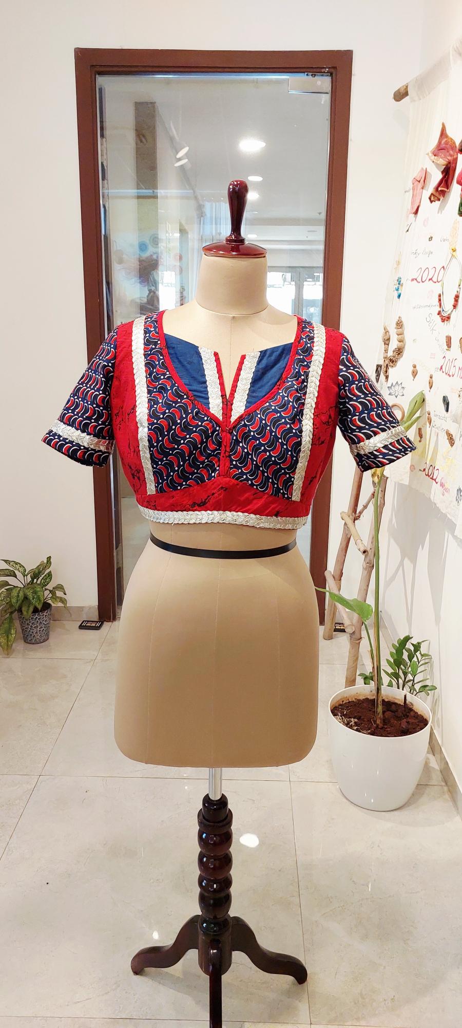 Handcrafted Red & Royal Blue Concept Blouse with Silver Lace Trims