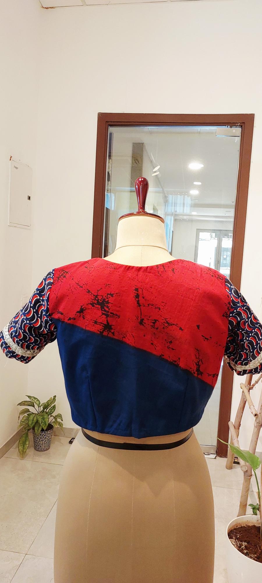 Handcrafted Red & Royal Blue Concept Blouse with Silver Lace Trims