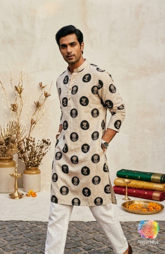 Royal Beige Hand-Block Printed Cotton Kurta for Men – Durga Puja Edition