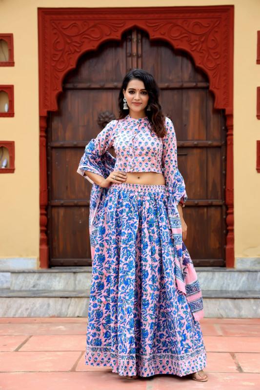 Amethyst Mul mul Cotton Lehenga set Natural Block prints