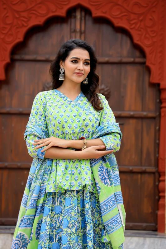 Hydrangea green Mul Cotton Lehenga Set