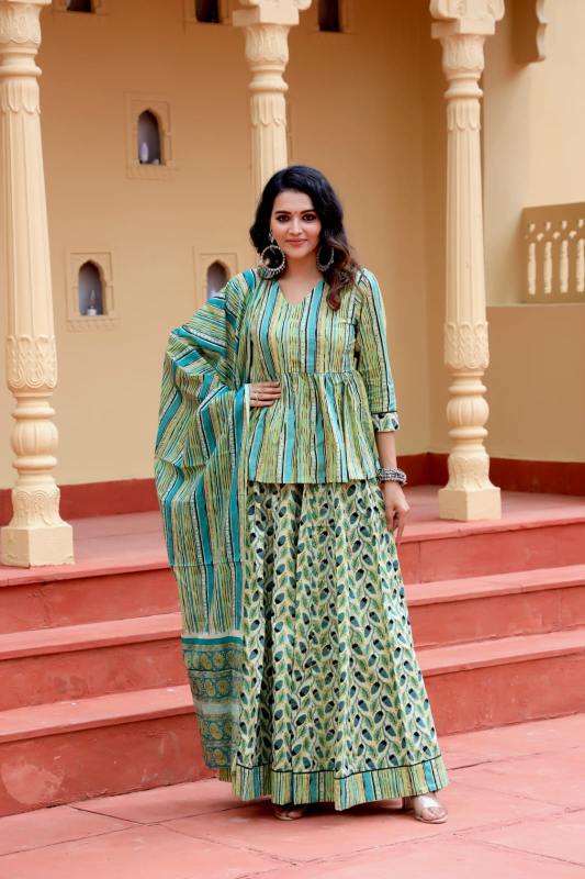 Green Mul cotton Lehenga set
