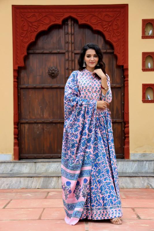 Amethyst Mul mul Cotton Lehenga set Natural Block prints