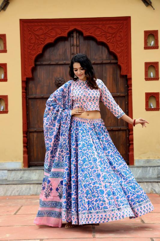 Amethyst Mul mul Cotton Lehenga set Natural Block prints