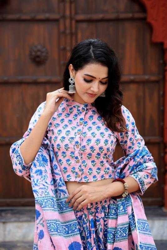 Amethyst Mul mul Cotton Lehenga set Natural Block prints