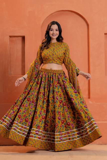 Mustard Mul Mul Lehenga Set