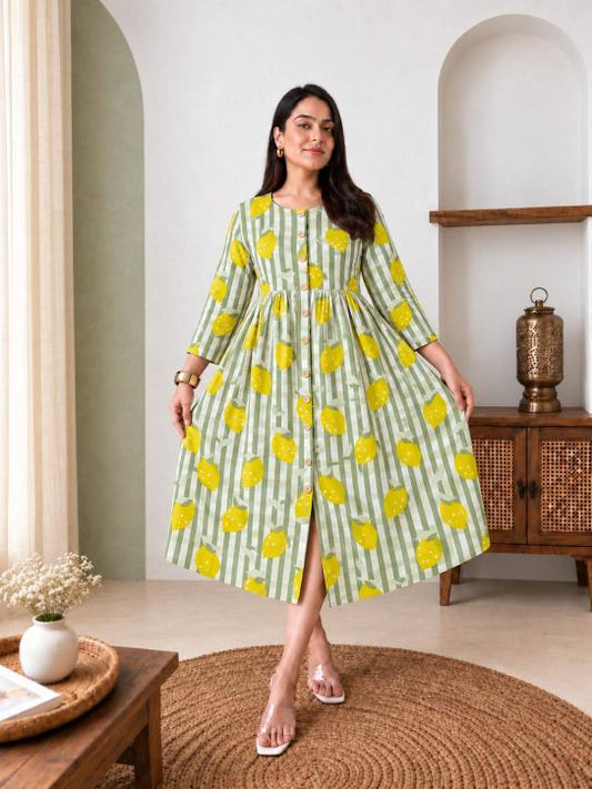 Lemon Zest Striped Cotton Midi Dress
