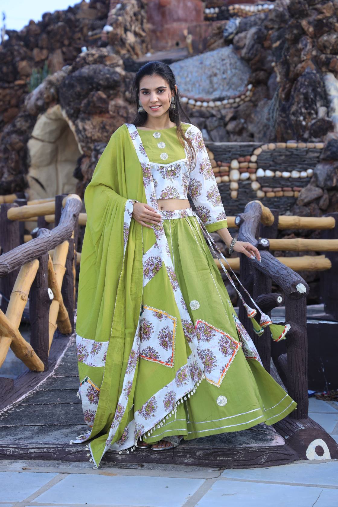 Olive  Mul Cotton Lehenga Set