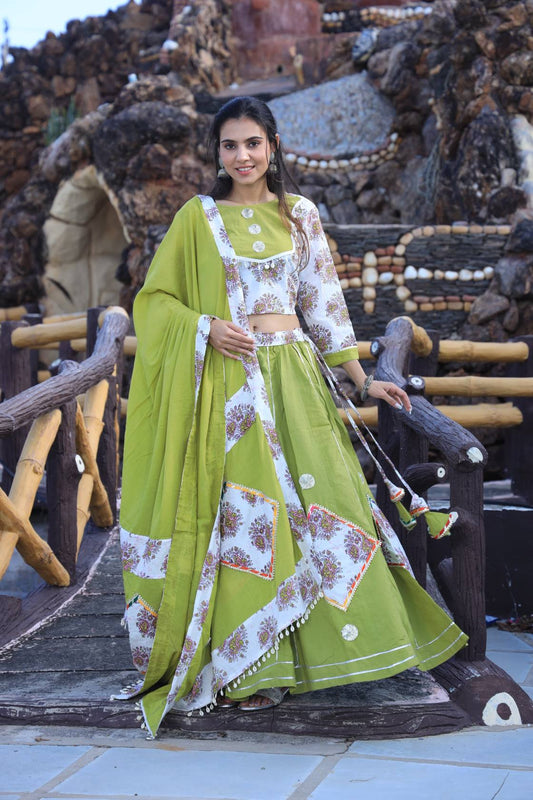 Olive  Mul Cotton Lehenga Set