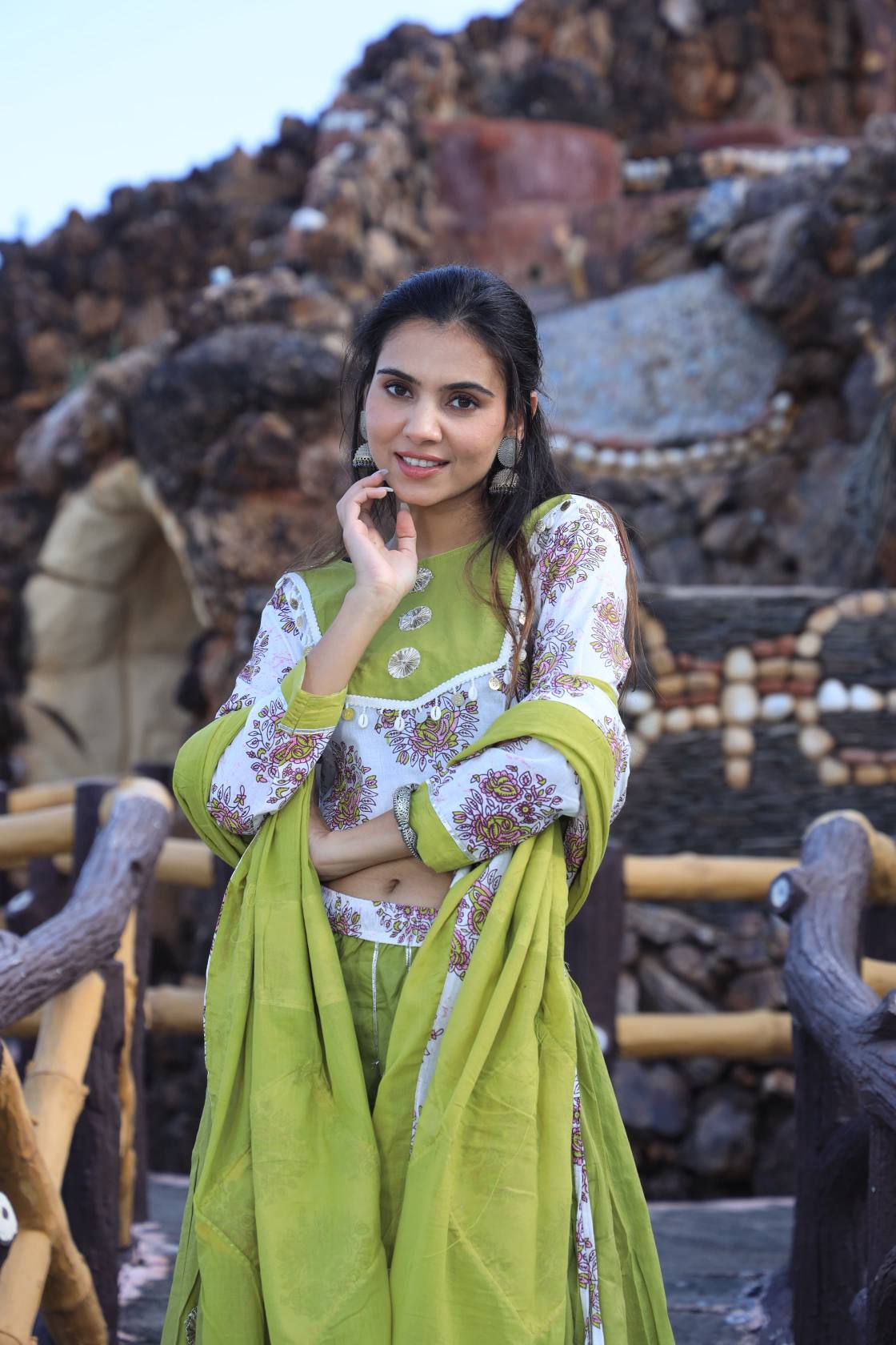 Olive  Mul Cotton Lehenga Set
