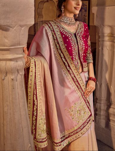 Rose Gold Linen Silk Saree with Embellished pink Coat-Style Jacket Blouse | Festive Diwali Collection