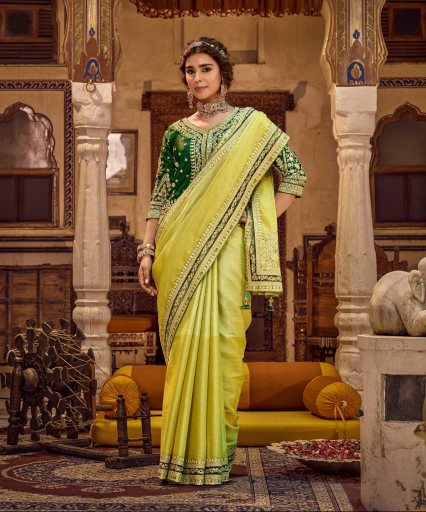 Lime Gold Linen Silk Saree with Embellished Green Coat-Style Jacket Blouse | Festive Diwali Collection