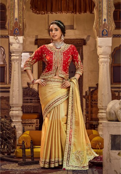 Royal Beige Linen Silk Saree with Embellished Red Coat-Style Jacket Blouse | Festive Diwali Collection