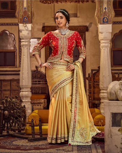 Royal Beige Linen Silk Saree with Embellished Red Coat-Style Jacket Blouse | Festive Diwali Collection