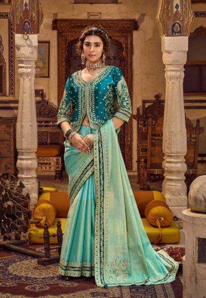 Cyan Gold Linen Silk Saree with Teal Embellished Jacket Blouse | Festive Diwali Collection