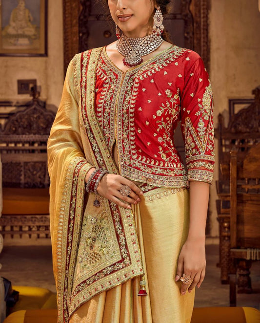 Royal Beige Linen Silk Saree with Embellished Red Coat-Style Jacket Blouse | Festive Diwali Collection