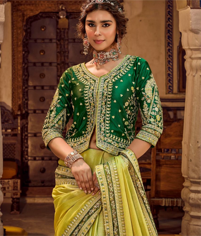 Lime Gold Linen Silk Saree with Embellished Green Coat-Style Jacket Blouse | Festive Diwali Collection