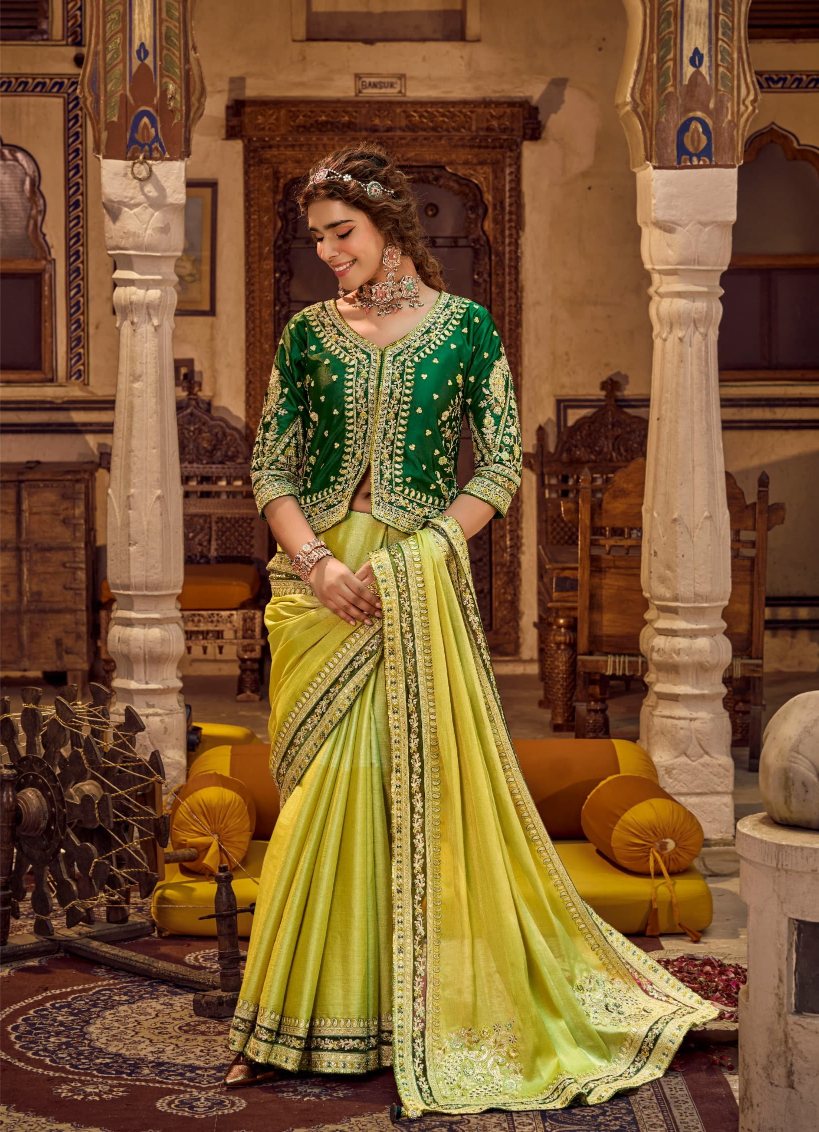 Lime Gold Linen Silk Saree with Embellished Green Coat-Style Jacket Blouse | Festive Diwali Collection