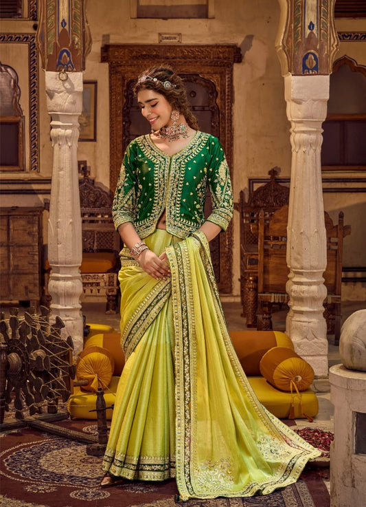 Lime Gold Linen Silk Saree with Embellished Green Coat-Style Jacket Blouse | Festive Diwali Collection