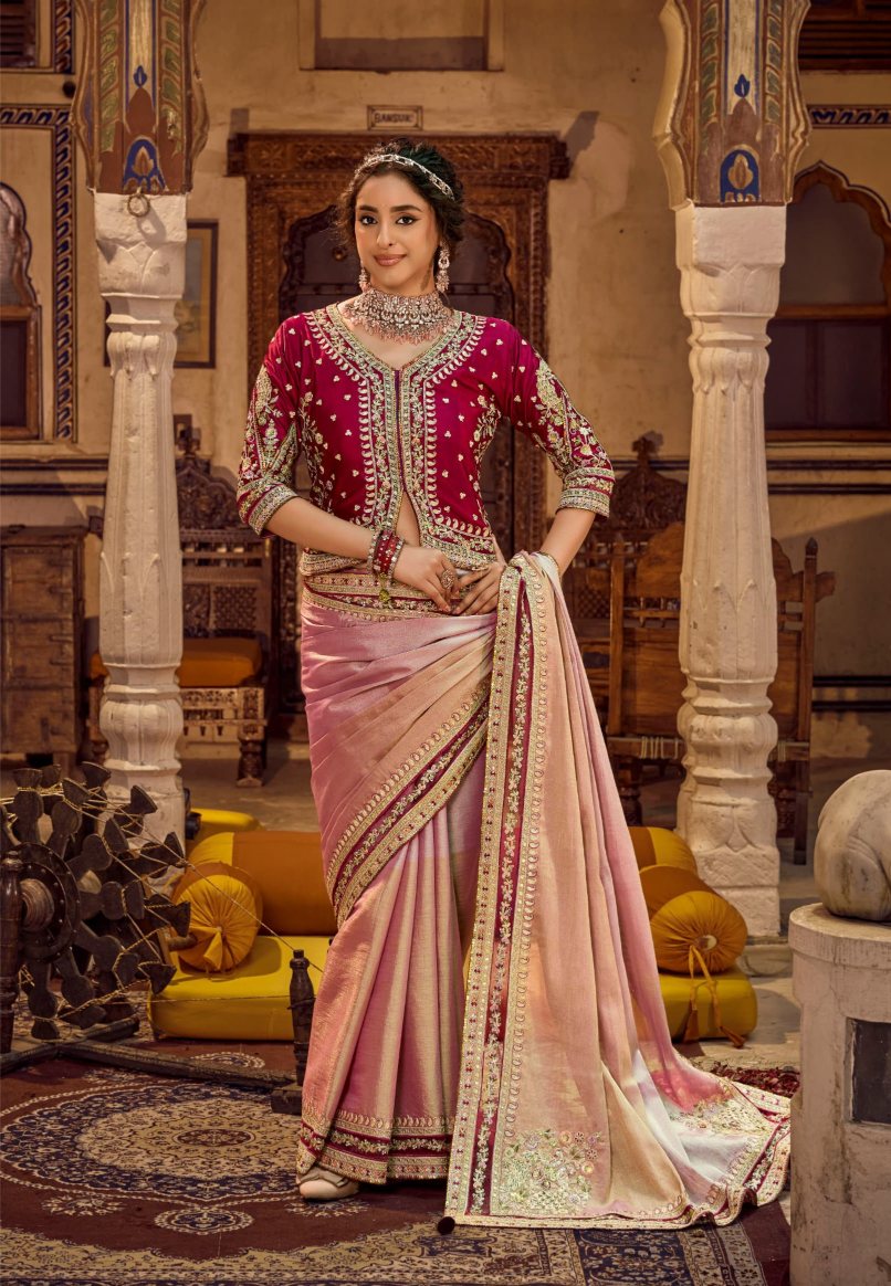 Rose Gold Linen Silk Saree with Embellished pink Coat-Style Jacket Blouse | Festive Diwali Collection