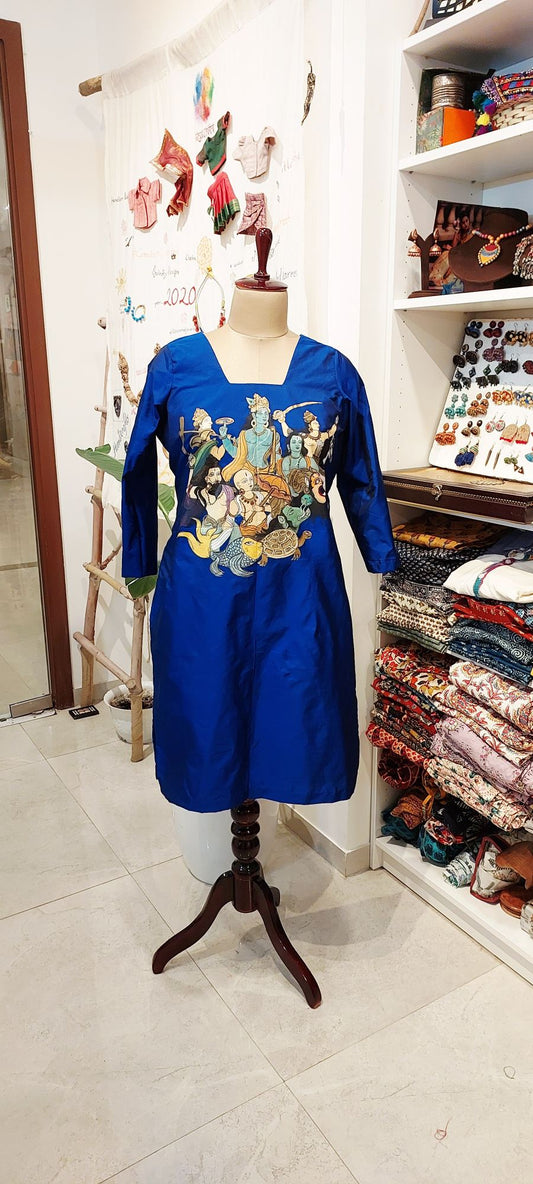 Dashavatara Handpainted Pure Silk Kurti – Royal Blue Ethnic kurta with 10 Divine Avatars of Vishnu