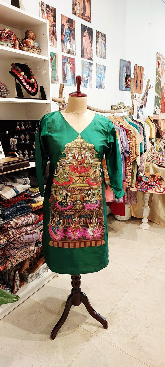 Ashtalakshmi Tanjore Handpainted Pure Silk Kurti – Emerald Green Ethnic Wear for Festivals & Weddings