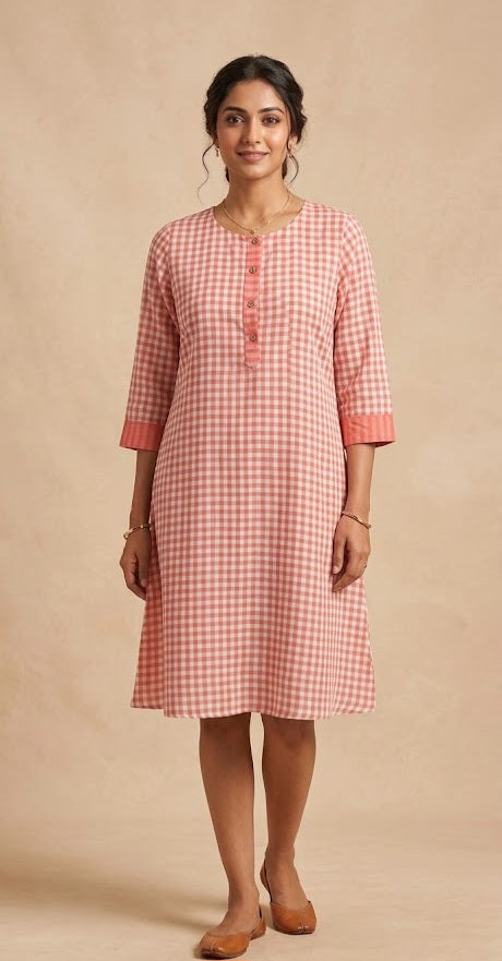 Handwoven Red Checks Cotton Dress