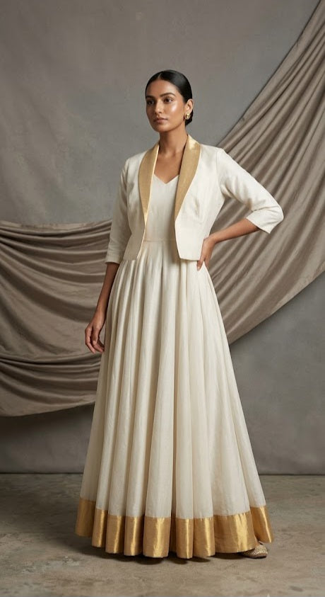 Apsara Ivory & Gold Silk Anarkali Set with Cropped Jacket