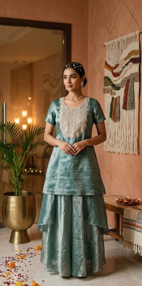 Sage Green Mul Tissue Kurta & Umbrella Flared Pants Set