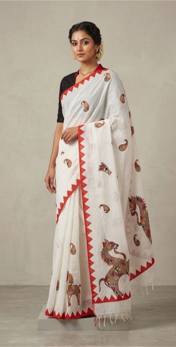 Ivory White Bankura Horse Cotton Saree with Red Temple Border