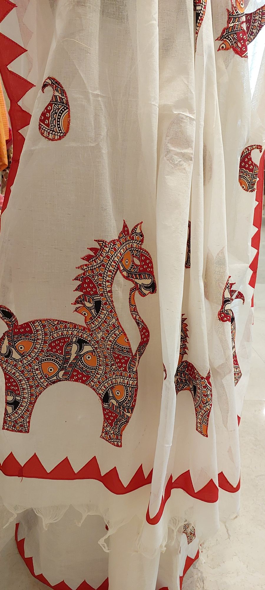 Ivory White Bankura Horse Cotton Saree with Red Temple Border
