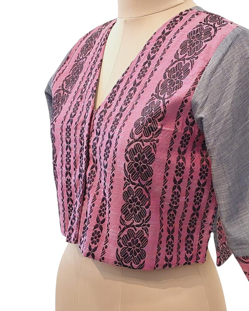 Begumpuri Cotton Grey Pink 3/4 sleeves Readymade Blouse