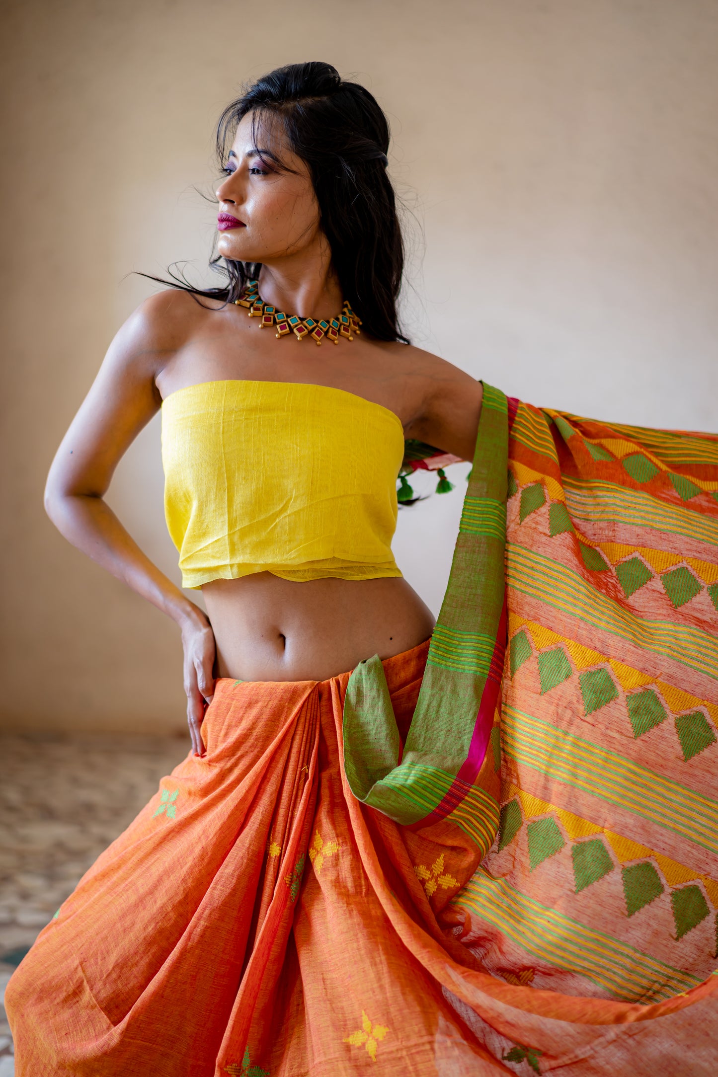 Begumpuri Khadi Orange Saree