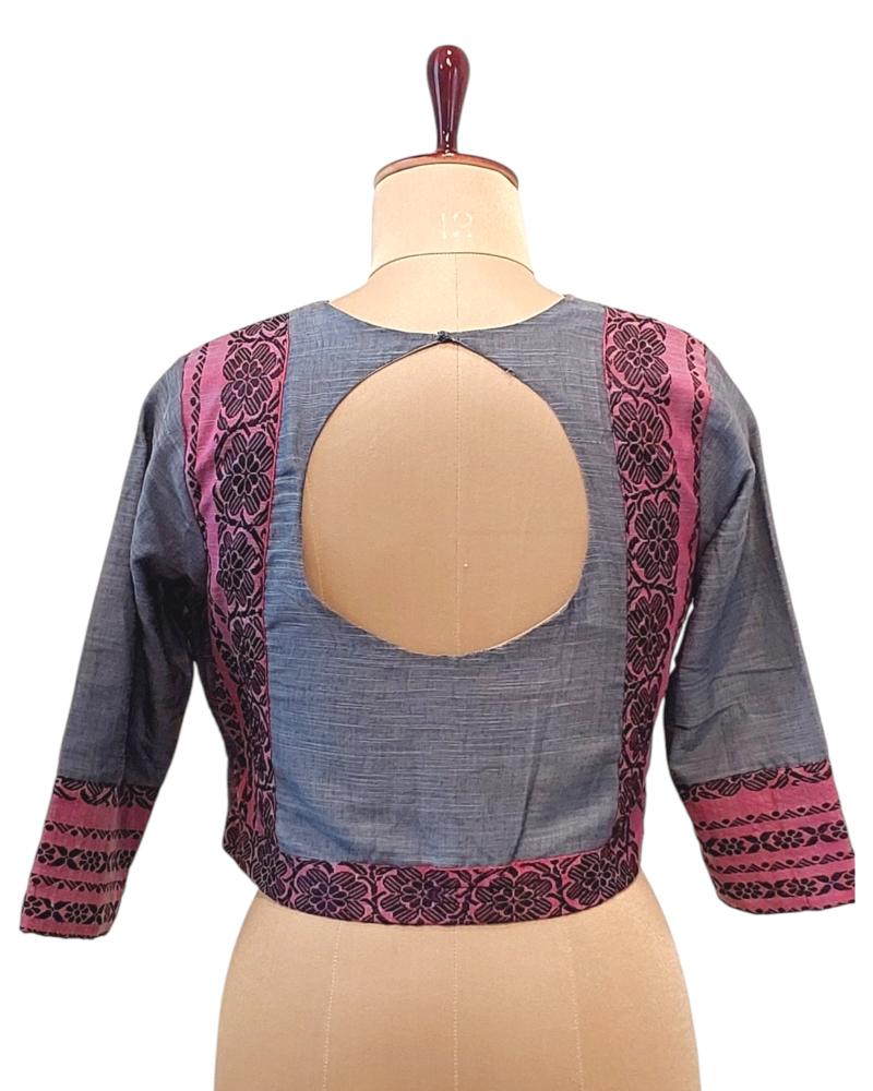 Begumpuri Cotton Grey Pink 3/4 sleeves Readymade Blouse