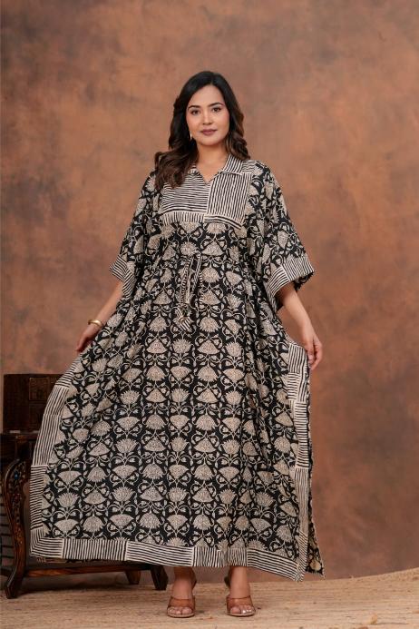 Shop mul mul cotton kaftans for daily wear. Super soft pure cotton long kaftans in floral prints for you.